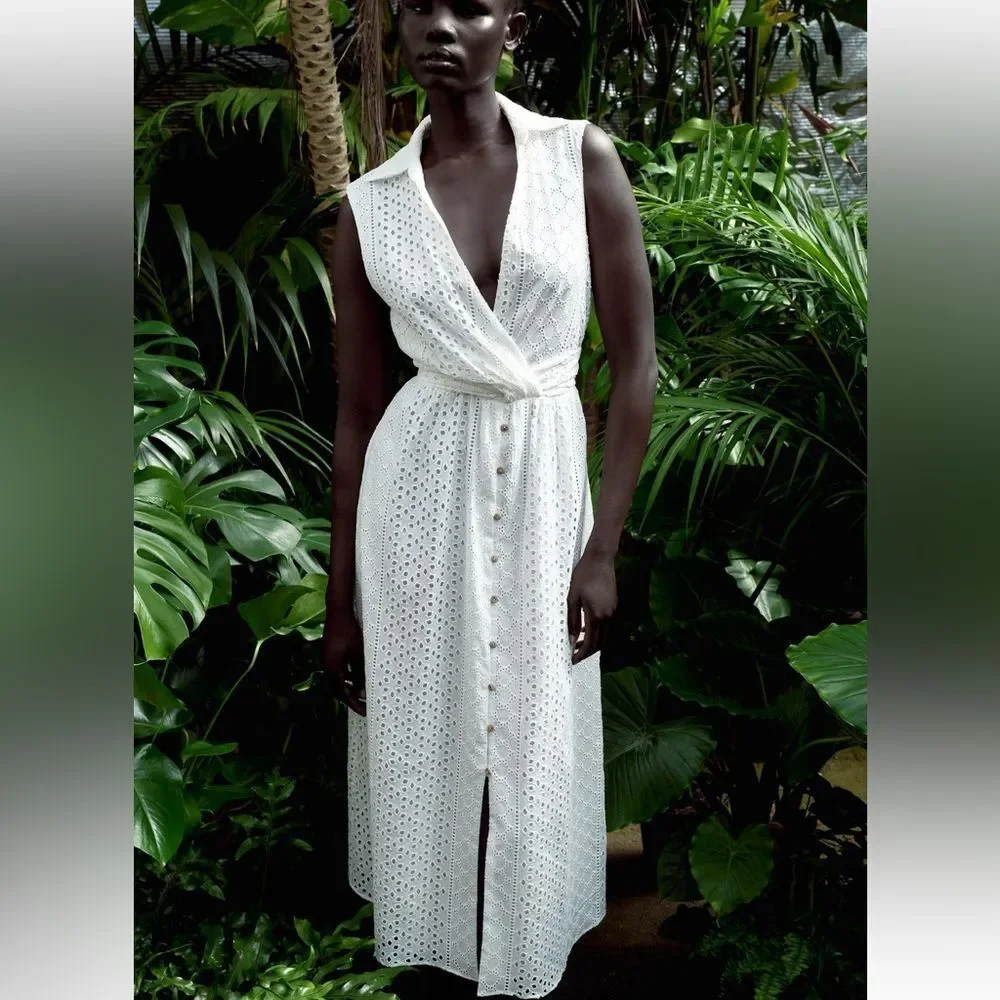 NWT Zara White openwork Eyelet Embroidered Midi Dress - Picture 4 of 9